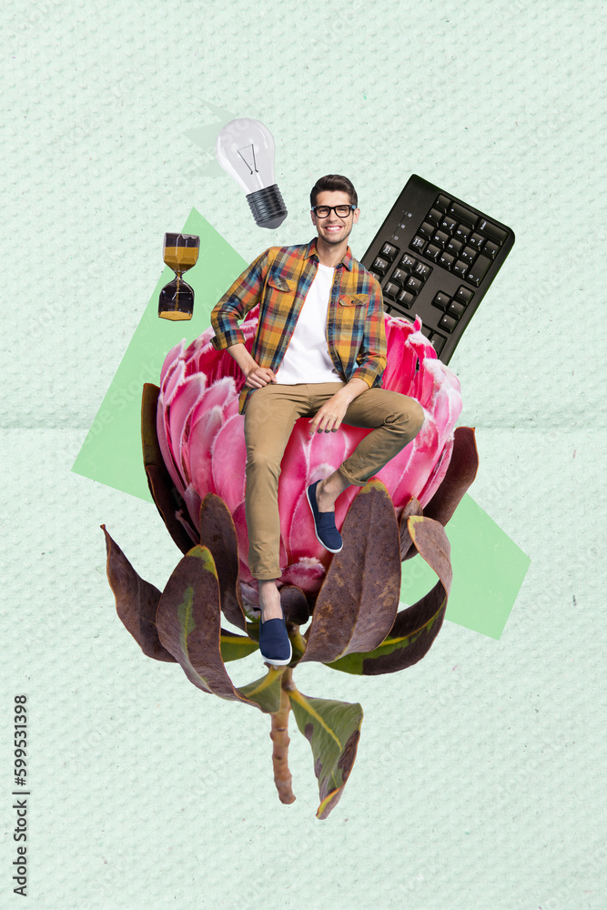 Sticker Vertical creative multi task worker collage of young business man influencer sit flower use time productively isolated on green background