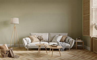 Modern living room interior with cozy sofa on empty wall background, 3d rendering   © Василь Чейпеш