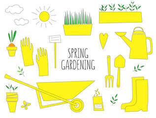 Spring gardening card. Set of the gardening equipment in yellow colors on the white background