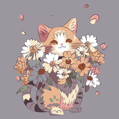 a cat with flowers. funny kitten with a bouquet. vector image of a kitty. cute cat