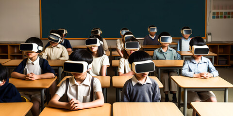 Kid or child wearing Virtual reality in classroom.digital analysis.technology futuristic education.examination test process.generative ai technology