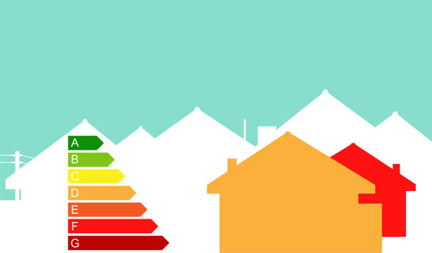 Vektor: Silhouetten von Häusern mit Energieeffizienzklassen