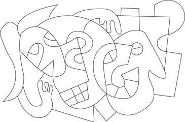 black and white doodle art coloring page containing face shapes 