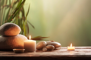 Fototapeta na wymiar Relaxing Spa Life concept, Arrangement with Stones, Candles, and Leaves. created with Generative AI