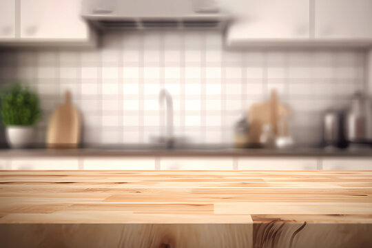 Empty Wooden Tabletop on Blurred Kitchen Counter Room Background. created with Generative AI