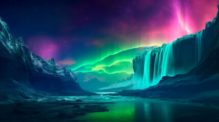 Naklejka premium Alien space night landscape with Northern lights and stars, waterfalls, ai generated