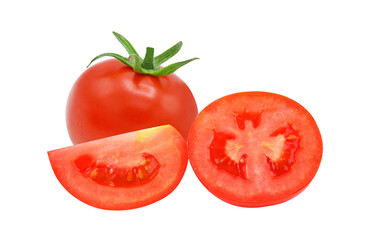 Whole tomato and slices isolated on transparent background. PNG