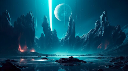 Alien space night landscape with waterfalls and moons, ai generated