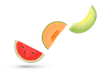 Slices of cantaloupe melon and watermelon falling in the air isolated on transparent background. PNG