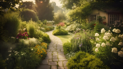 Obraz premium A tranquil garden path winding through a picturesque landscape of trees, flowers, and bushes