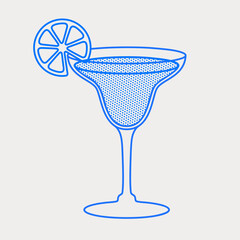 Margarita cocktail with a lime slice. Line art, retro. Vector illustration for bars, cafes, and restaurants.