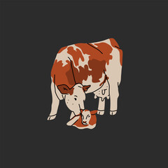 Hand drawn abstract vector clipart illustration collection with brown adorable cute, stylized cow and calf character.Trendy modern design concept.Vector cartoon farm animal symbol. Cartoon cow animal.