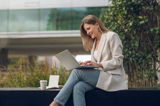 Female freelancer working in park