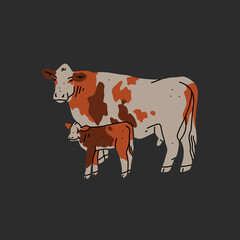 Hand drawn abstract vector clipart illustration collection with brown adorable cute, stylized cow and calf character.Trendy modern design concept.Vector cartoon farm animal symbol. Cartoon cow animal.