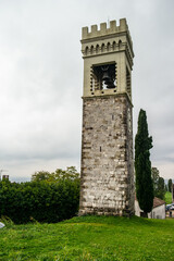 Obraz premium View of the tower of the church of San Michele in Castello in Fagagna. October 2022 Fagagna, Friuli Venezia Giulia, Italy