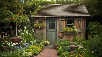A quaint garden shed surrounded by a beautiful array of blooming flowers and plants.