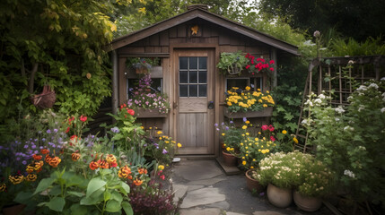 Fototapeta na wymiar A quaint garden shed surrounded by a beautiful array of blooming flowers and plants.