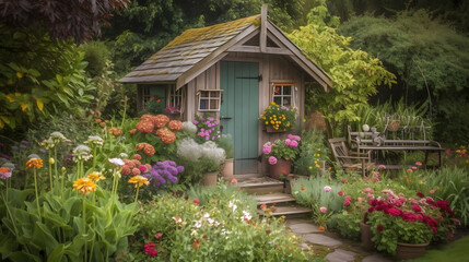 Fototapeta na wymiar A quaint garden shed surrounded by a beautiful array of blooming flowers and plants