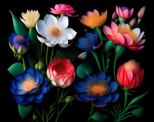 Obraz na płótnie Canvas Decorative botanical wallpaper with garden flowers bouquet in dark background. A bunch of colorful Spring flowers on a black background. Generative ai