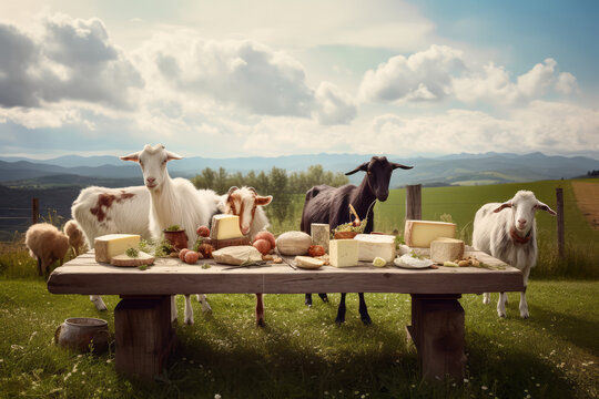 Pastoral Cheese Delights. Indulge in a platter of assorted artisanal cheeses, including creamy goat cheese, amidst the idyllic scenery of adorable goats on a rustic wooden table. Copy space. Countrysi