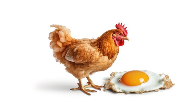 Ein Huhn schaut hinab auf ein Spiegelei, isoliert auf wei&szlig;em Hintergrund, Generative AI