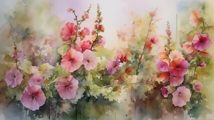 Garden Bliss: Watercolor Symphony of Hollyhocks