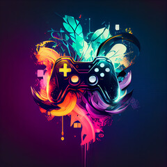 Gaming joystick with colorful elements on dark background