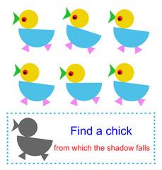 Educational game for kids. Task for attentiveness. Find a chick from which the shadow falls. Vector illustration. 
