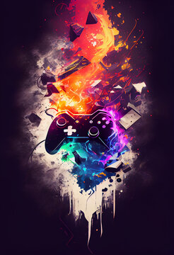 Video game gaming controller night with abstract dark background with fire background