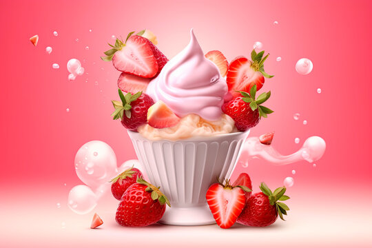 Strawberry soft serve ice cream ads. Generative AI