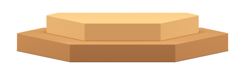 Realistic 3d beige podium hexagonal geometric step stand modern angular decor element