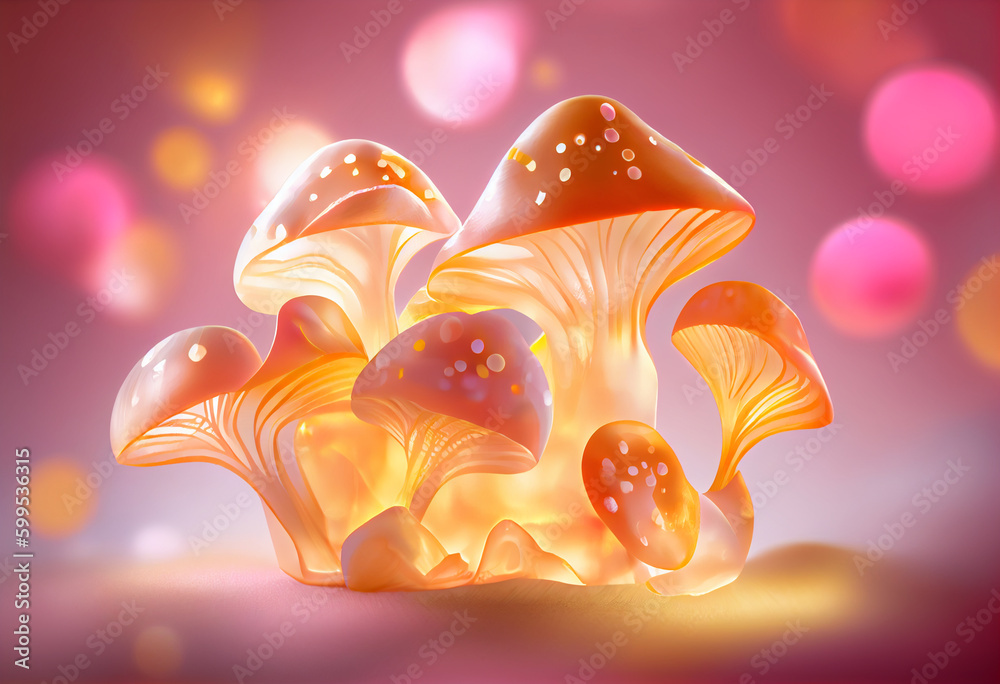 Aufkleber chanterelle mushrooms smooth elegant transparent fabric on bright bokeh background 3d pink and peach