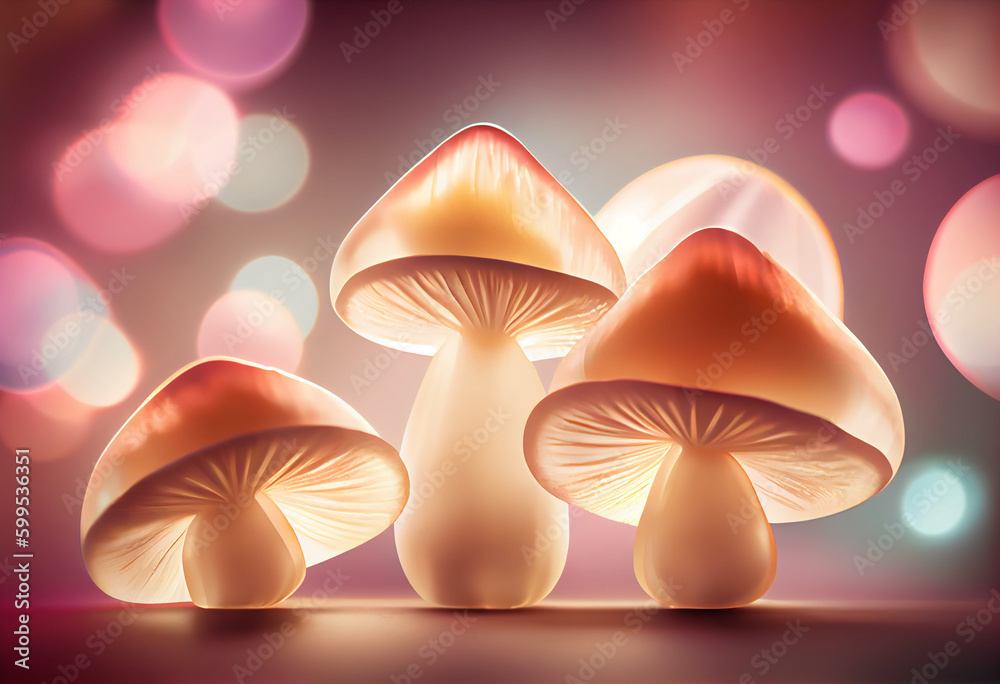 Aufkleber shiitake mushrooms smooth elegant transparent fabric on bright bokeh background 3d pink and peach co