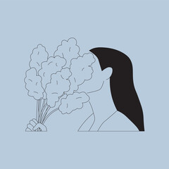 Woman with flowers line art drawing. Minimalist lines art. Simple Woman illustration. Blue and black lady