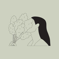 Woman with flowers line art drawing. Minimalist lines art. Simple Woman illustration. Green and black lady