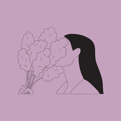 Woman with flowers line art drawing. Minimalist lines art. Simple Woman illustration. Pink and black lady