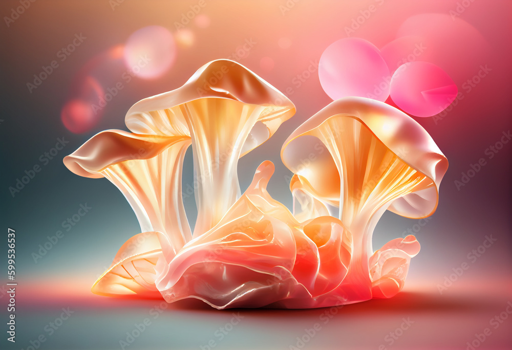 Poster Oyster mushrooms smooth elegant transparent fabric on bright bokeh background 3d pink and peach colors.  
Generative AI technology.