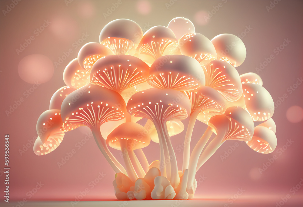 Aufkleber Enoki mushrooms smooth elegant transparent fabric on bright bokeh background 3d pink and peach colors.  
Generative AI technology.