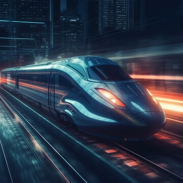 High-speed train in the city at night. Futuristic technology, hi tech future digital transport concept. Low pole 3d abstract illustration. Generative Ai