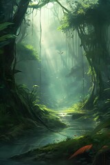 digital brush painting jungle creek landscape trees, lianas and plants created with Generative AI technology