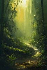 Fototapeta premium digital brush painting jungle path landscape trees and plants created with Generative AI technology
