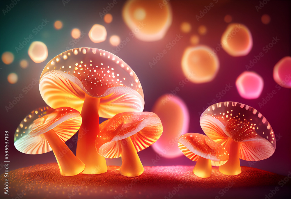 Poster maitake mushrooms smooth elegant transparent fabric on bright bokeh background 3d pink and peach col