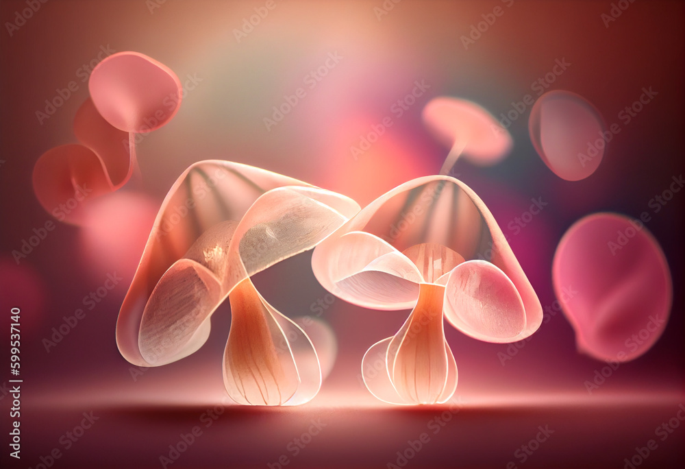 Poster reishi mushrooms smooth elegant transparent fabric on bright bokeh background 3d pink and peach colo