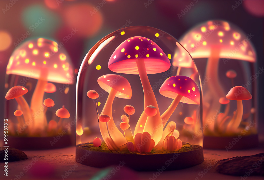 Poster Clitocybe mushrooms smooth elegant transparent fabric on bright bokeh background 3d pink and peach colors. 
Generative AI technology.