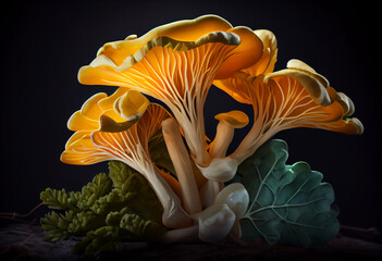 Fototapeta na wymiar Beautiful photo Chicken of the woods mushrooms concept, contemporary colors and mood social background. Generative AI technology.