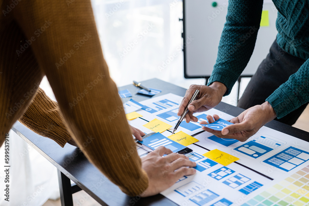 Wall mural brainstorming app ideas, creative web design planning and development templates for mobile projects 