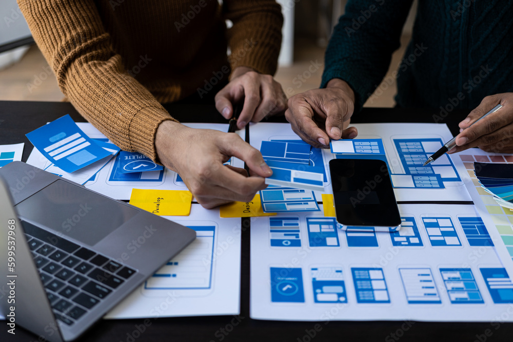 Wall mural brainstorming app ideas, creative web design planning and development templates for mobile projects 