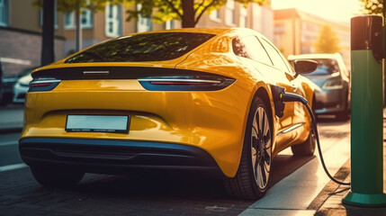 Voiture électrique jaune orangé en train de recharger à une borne, câble de recharge connecter