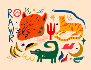 Set Collection Spychedelic Boho Animal Flat Design
