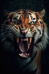 Fototapeta premium tête de tigre agressif, montrant les dents prêt à bondir, en gros plan sur fond noir